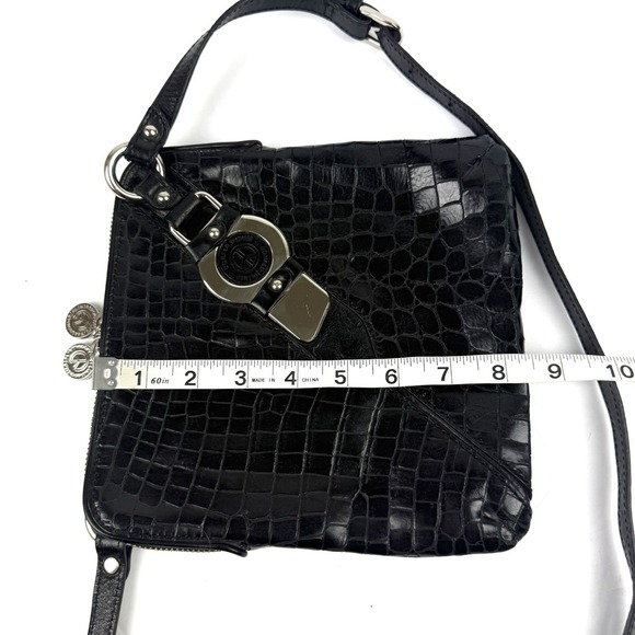 Donald J Pliner Handbag Black Croc Embossed Leather Peace Sign Charms Italy